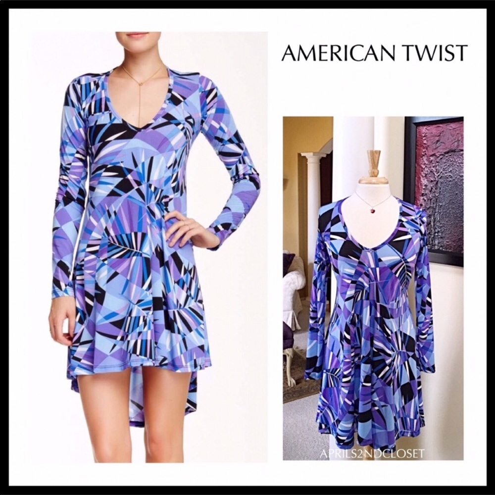 V-NECK A-LINE KNIT MINI DRESS LONG SLEEVES BOHO FESTIVAL PRINT FLOWY TUNIC A2C